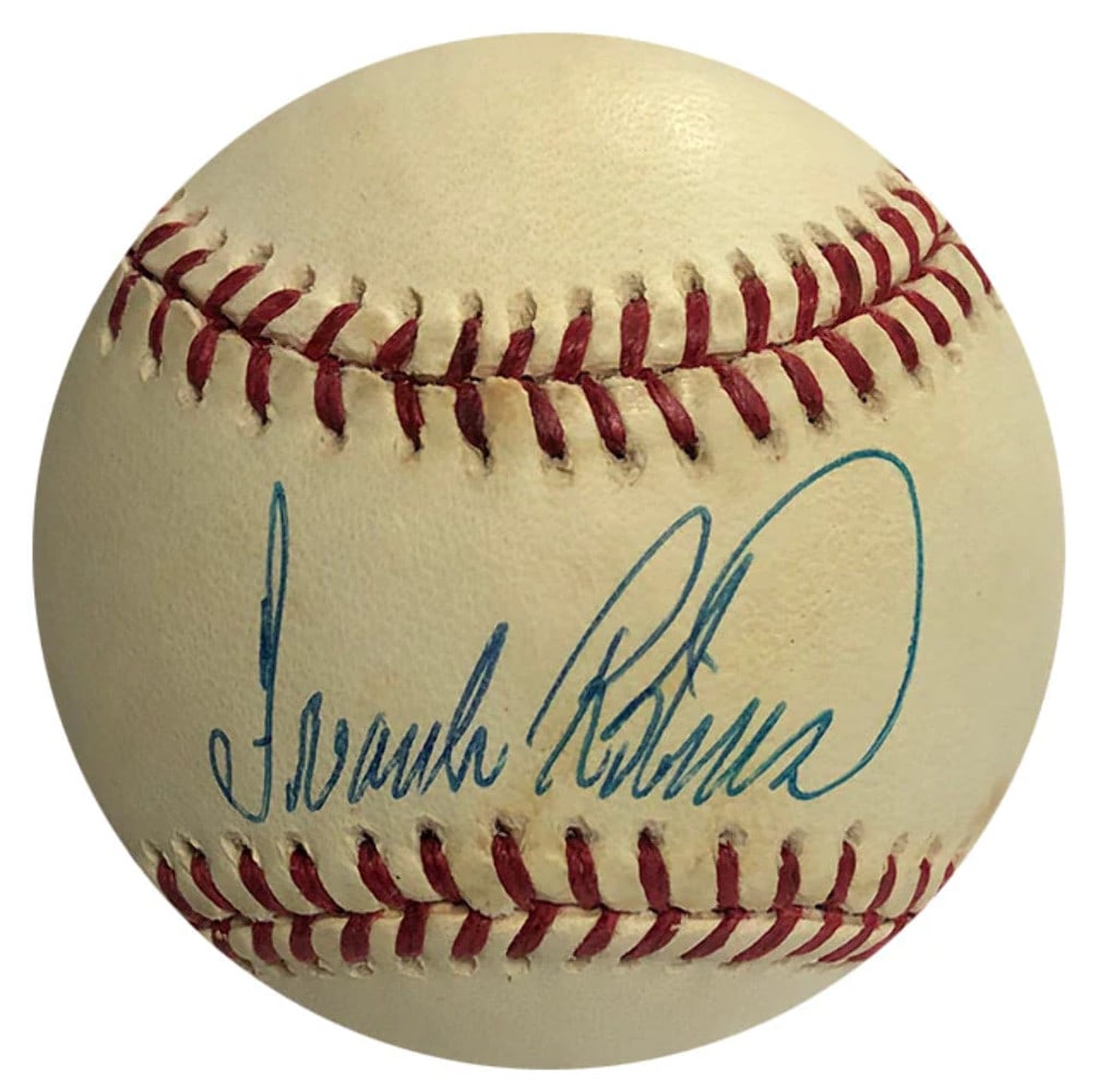 Frank Robinson Autographed Baseball: Frank Robinson Autographed Baseball Signed by baseball legend Frank Robinson, this official American League Gene Budig baseball features a distinctive blue pen mark across the sweet spot. The item com