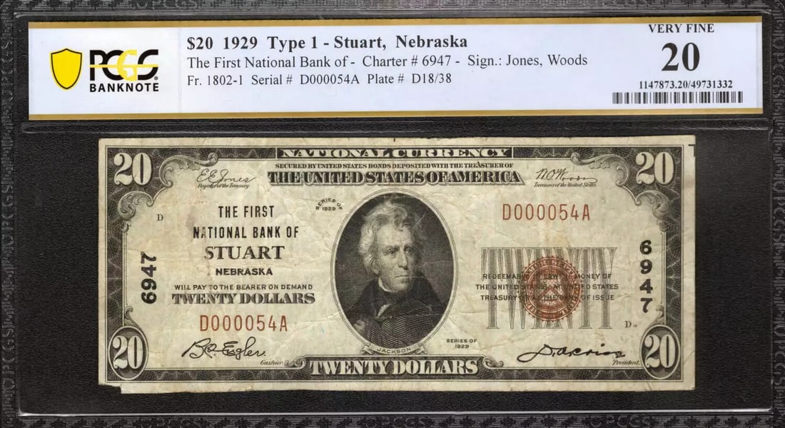 1929 $20 FIRST NATIONAL BANKNOTE CURRENCY STUART NE FR.1802-1 PCGS 20 VF (054A): 1929 $20 FIRST NATIONAL BANKNOTE CURRENCY STUART NE FR.1802-1 PCGS 20 VF (054A) The 1929 $20 First National Banknote, certified by PCGS as a 20 VF (Very Fine), boasts a unique serial number D000054A. 