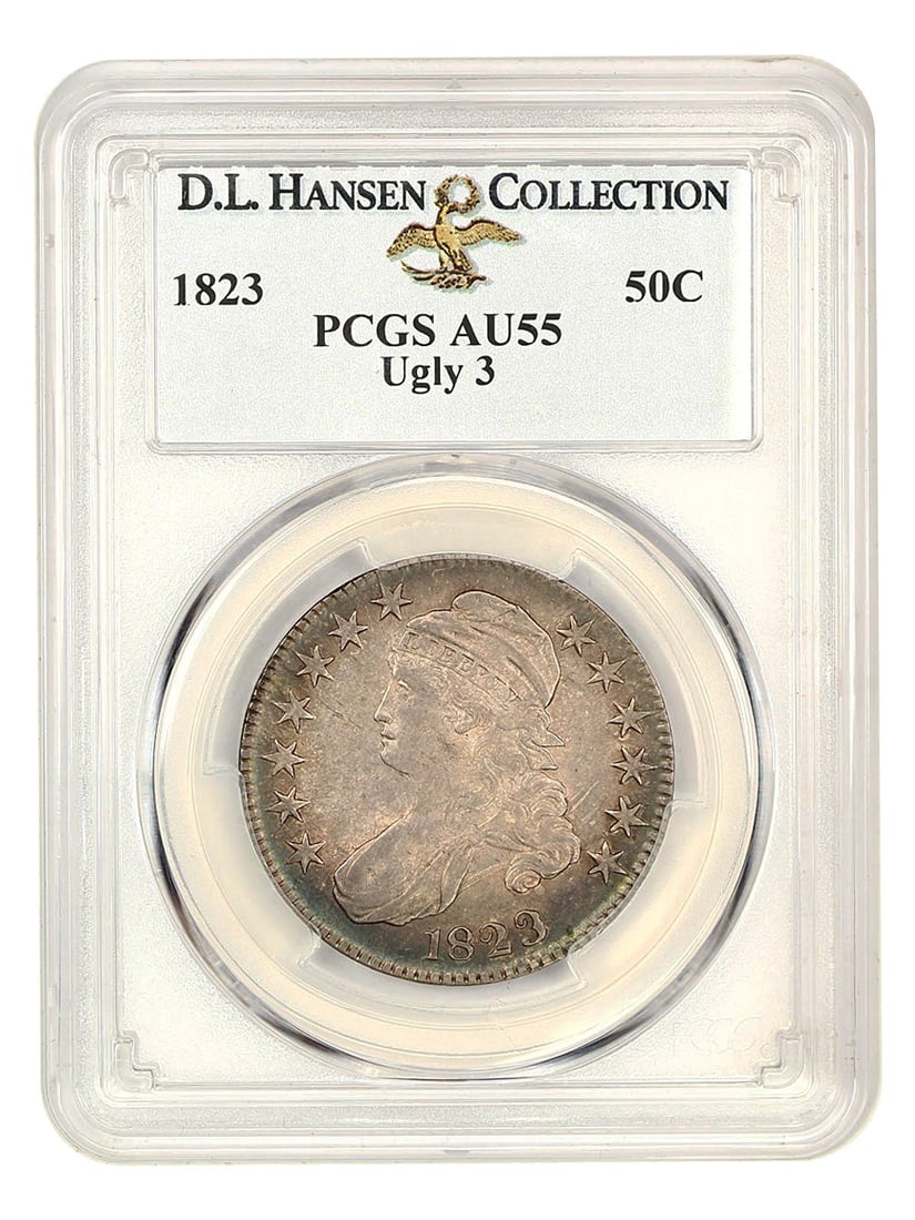PCGS AU55 Ugly 3 1823 50c Ex D.L. Hansen: PCGS AU55 Ugly 3 1823 50c Ex D.L. Hansen The PCGS AU55 Ugly 3 1823 50c Ex D.L. Hansen is a circulated example of the Capped Bust Half Dollar series, graded by PCGS at 55 on their scale. This coin bear