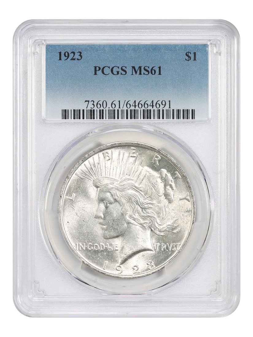 $1 MS61 PCGS 1923 Peace Dollar: $1 MS61 PCGS 1923 Peace Dollar The 1923 Peace Dollar, graded MS61 by PCGS, showcases its rich history and numismatic significance. With a certification number from a reputable third-party service, thi