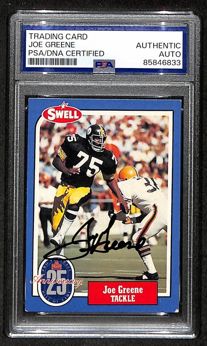 1988 Joe Greene Swell Card Autographed Steelers PSA DNA Signed: 1988 Joe Greene Swell Card Autographed Steelers PSA DNA Signed This 1988 Joe Greene Swell Card features the iconic Steelers defensive tackle, autographed by him. The card has been authenticated and ve