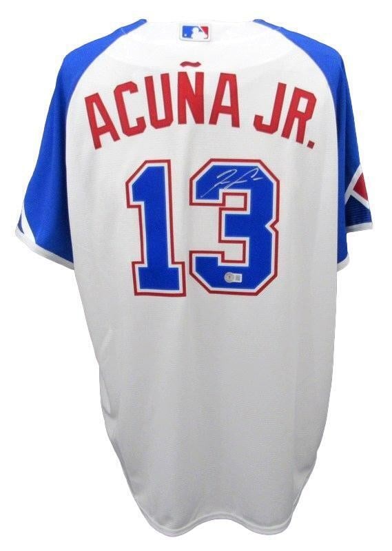 Nike Baseball Jersey Autographed By Ronald Acuna Jr City Braves: Nike Baseball Jersey Autographed By Ronald Acuna Jr City Braves Authentic MLB-licensed Nike Baseball Jersey bearing the signature of Ronald Acuna Jr, a star player for the Atlanta Braves. This origina