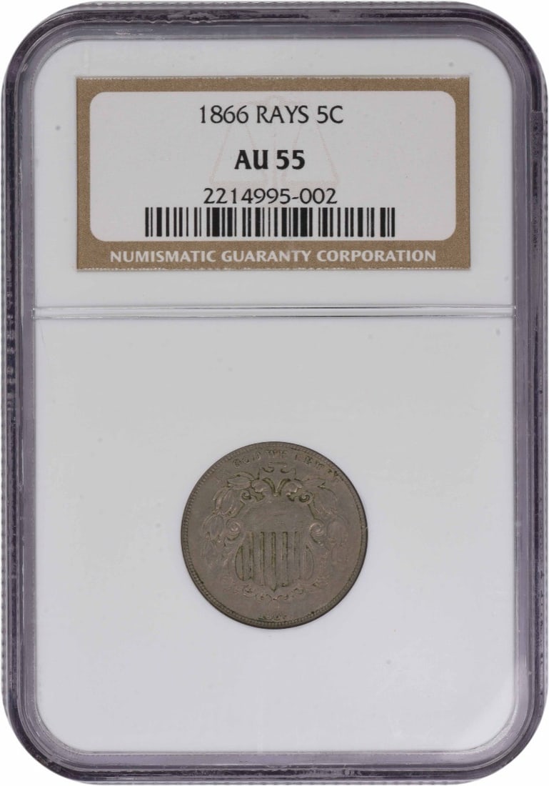 1866 Shield Nickel Rays AU55 NGC: 1866 Shield Nickel Rays AU55 NGC The 1866 Shield Nickel Rays features a striking design by James Barton Longacre, with the rays emanating from the shield's center. This Circulated coin has been certif