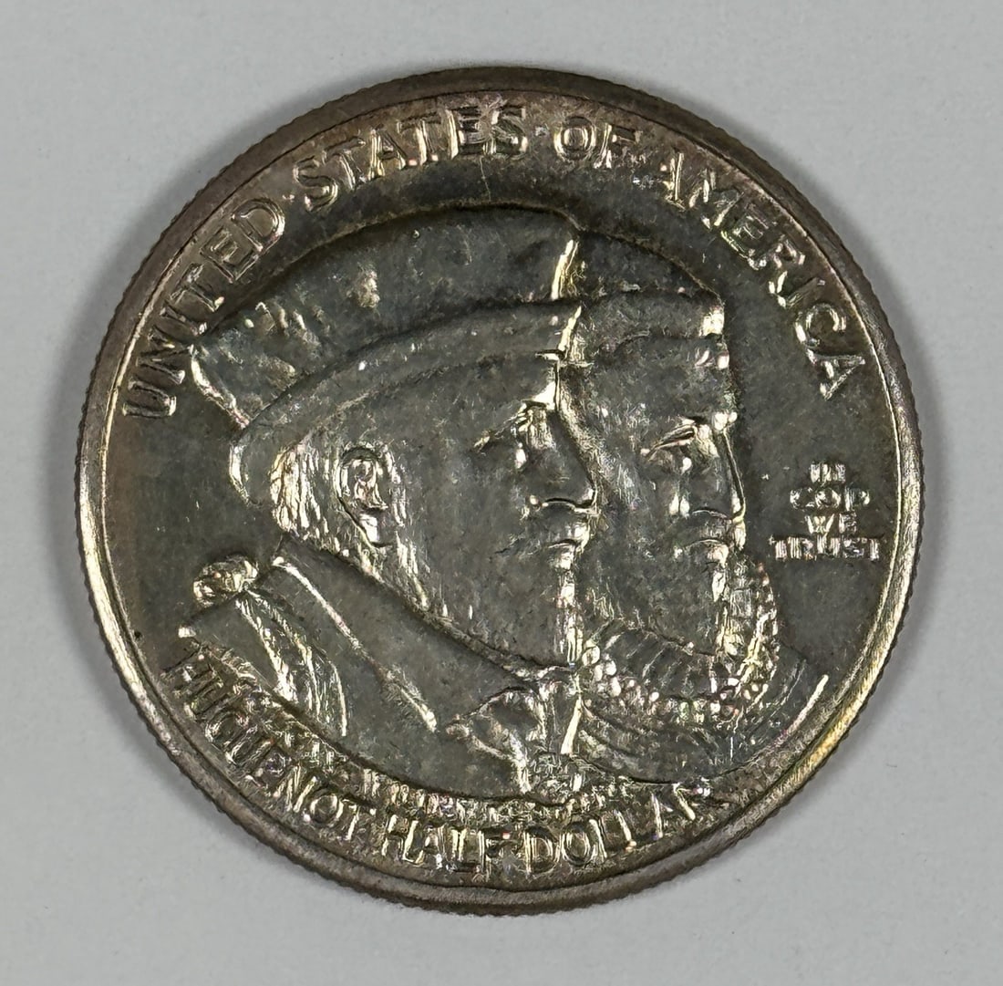 1924 HUGUENOT COMMEMORATIVE HALF DOLLAR UNCIRCULATED: 1924 HUGUENOT COMMEMORATIVE HALF DOLLAR UNCIRCULATED The 1924 Huguenot Commemorative Half Dollar features an uncirculated design, showcasing the coin's silver composition and historical significance. 