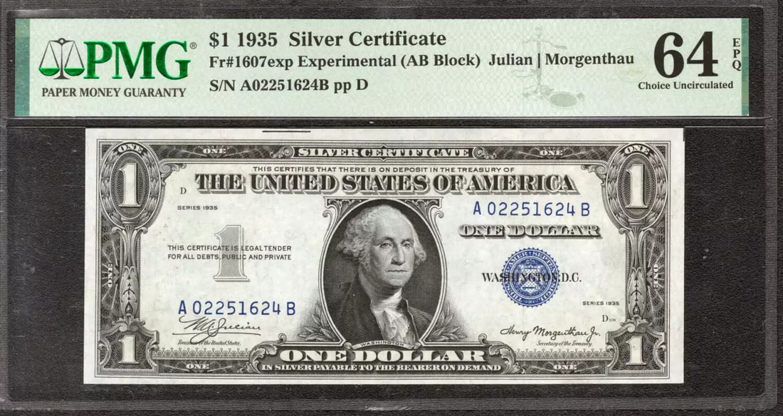 1935 $1 SILVER CERTIFICATE EXPERIMENTAL NOTE A-B BLOCK FR.1607 PMG CU 64 EPQ: 1935 $1 SILVER CERTIFICATE EXPERIMENTAL NOTE A-B BLOCK FR.1607 PMG CU 64 EPQ A 1935 $1 SILVER CERTIFICATE EXPERIMENTAL NOTE A-B BLOCK, graded PMG 64 EPQ/PPQ. This circulated example features the disti
