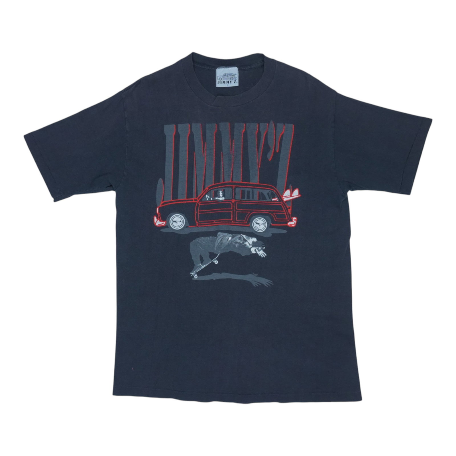 1980s Jimmy'z Shirt: 1980s Jimmy'z Shirt Large, black 1980s Jimmy'z Shirt with front and back graphics. This vintage shirt features a pit-to-pit length of 20 inches and a collar-to-hem length of 30 inches, making it a gre