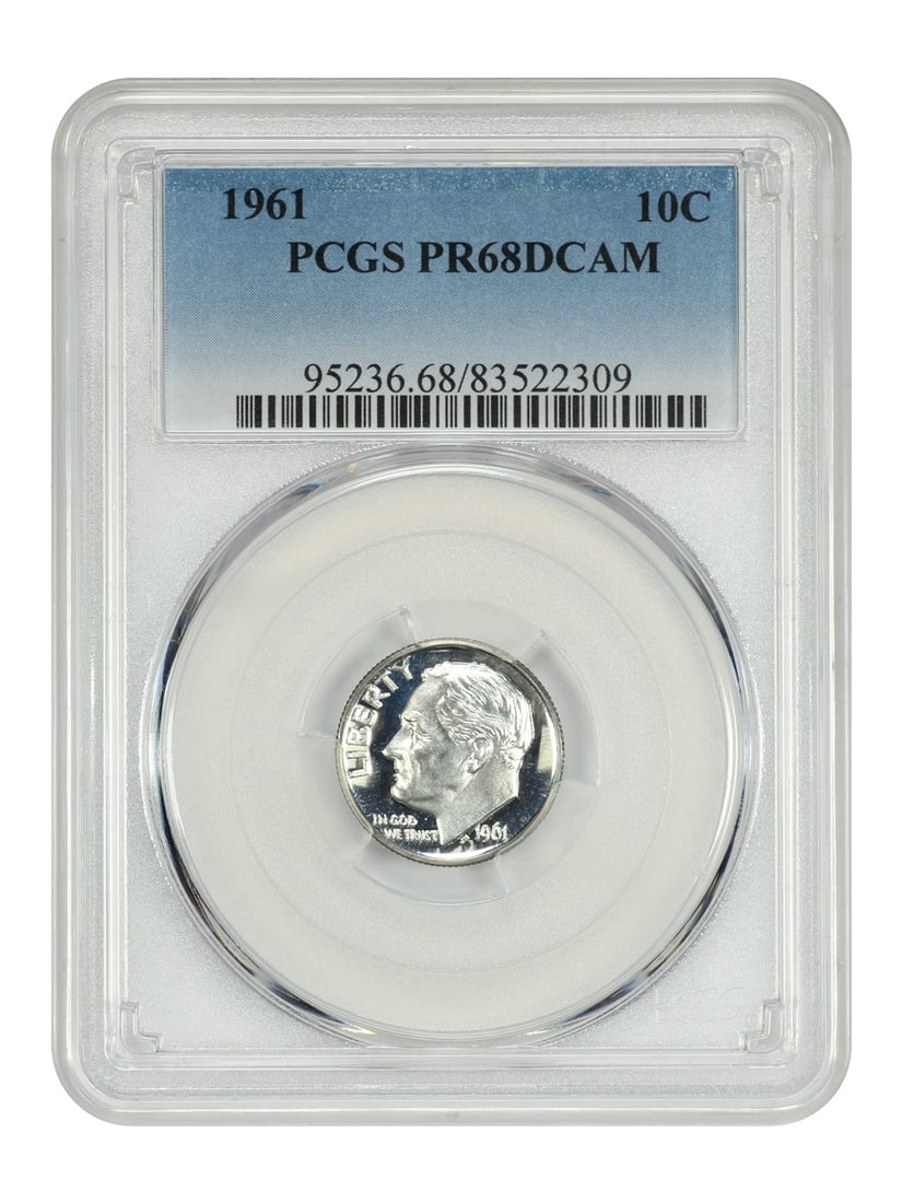 Roosevelt dime PR68DCAM PCGS 10c 1961: Roosevelt dime PR68DCAM PCGS 10c 1961 PR68DCAM PCGS certified, the 1961 Roosevelt dime boasts exceptional condition with a striking appearance. This uncirculated coin features a high-grade DCAM strike