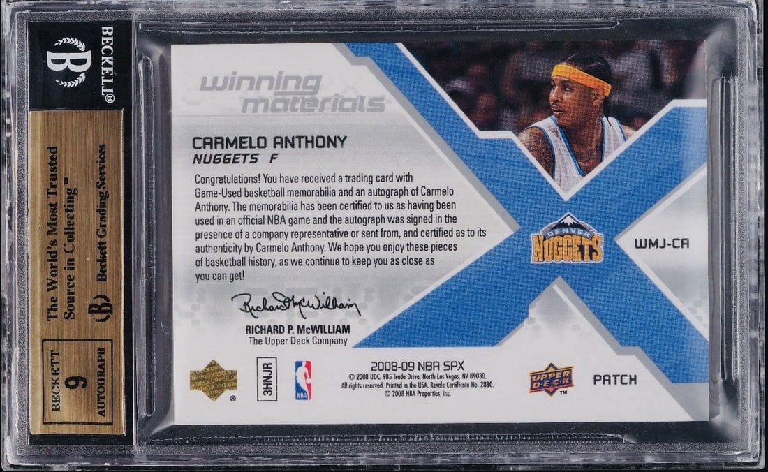 UPPER DECK 2008 09 SPX CARMELO ANTHONY AUTO PATCH WINNING MATERIALS BGS 5 9.5 - 2