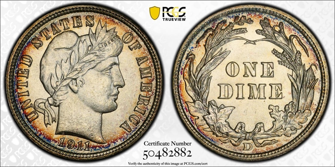 PCGS MS67 Barber Dime 1911-D 10C - 2