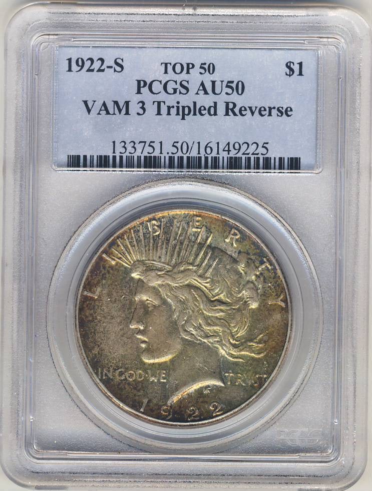 VAM- 3 TRIPLED 1922-S C2781 PEACE DOLLAR PCGS AU50 TOP REVERSE: VAM- 3 TRIPLED 1922-S C2781 PEACE DOLLAR PCGS AU50 TOP REVERSE The VAM-3 tripled 1922-S C2781 Peace Dollar features an AU50 grade from PCGS, indicating a high level of preservation. Notably, the top r