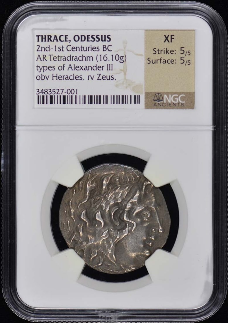 2nd-1st Centuries BC THRACE, ODESSUS AR Tetradrachm NGC XF40: 2nd-1st Centuries BC THRACE, ODESSUS AR Tetradrachm NGC XF40 NGC XF40 graded ancient Greek Ar Tetradrachm from Thrace, ODESSUS, bearing the signature of its artist. This rare coin features a unique co