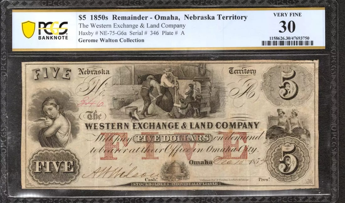 1850 $1 WESTERN EXCHANGE LAND CO OMAHA NEBRASKA REMAINDER NOTE PCGS 30 VF (750): 1850 $1 WESTERN EXCHANGE LAND CO OMAHA NEBRASKA REMAINDER NOTE PCGS 30 VF (750) 1850 $1 Western Exchange Land Company Omaha, Nebraska Remainder Note PCGS 30 VF (750) - A rare and intriguing piece of A