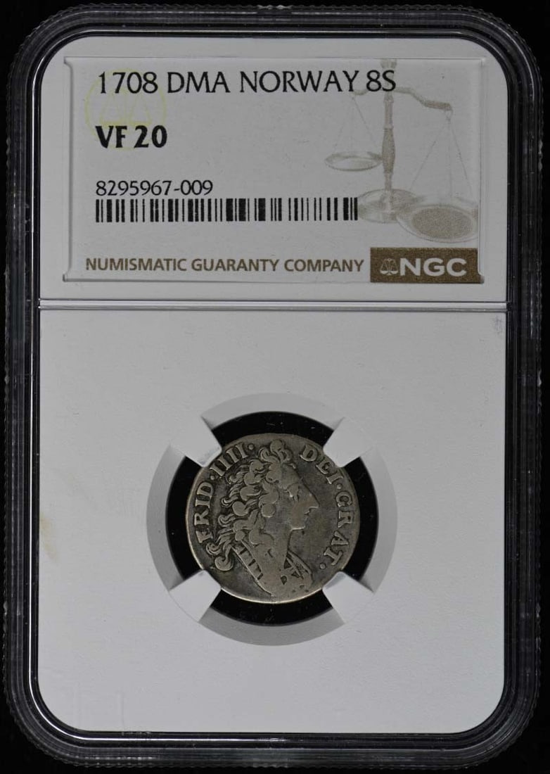 1708 DMA NORWAY 8S NGC VF20: 1708 DMA NORWAY 8S NGC VF20 1708 DMA Norway 8S NGC VF20 - A circulated example from the early days of Norwegian numismatics, bearing the distinctive markings of the Danish-Meersen (DMA) mint. The coin