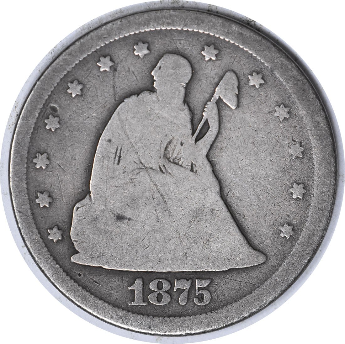 1875-S Twenty Cent Silver Piece G Uncertified: 1875-S Twenty Cent Silver Piece G Uncertified The 1875-S Twenty Cent Silver Piece G Uncertified coin features an impressive diameter of 22.00 millimeters and a striking plain edge, making it a visuall