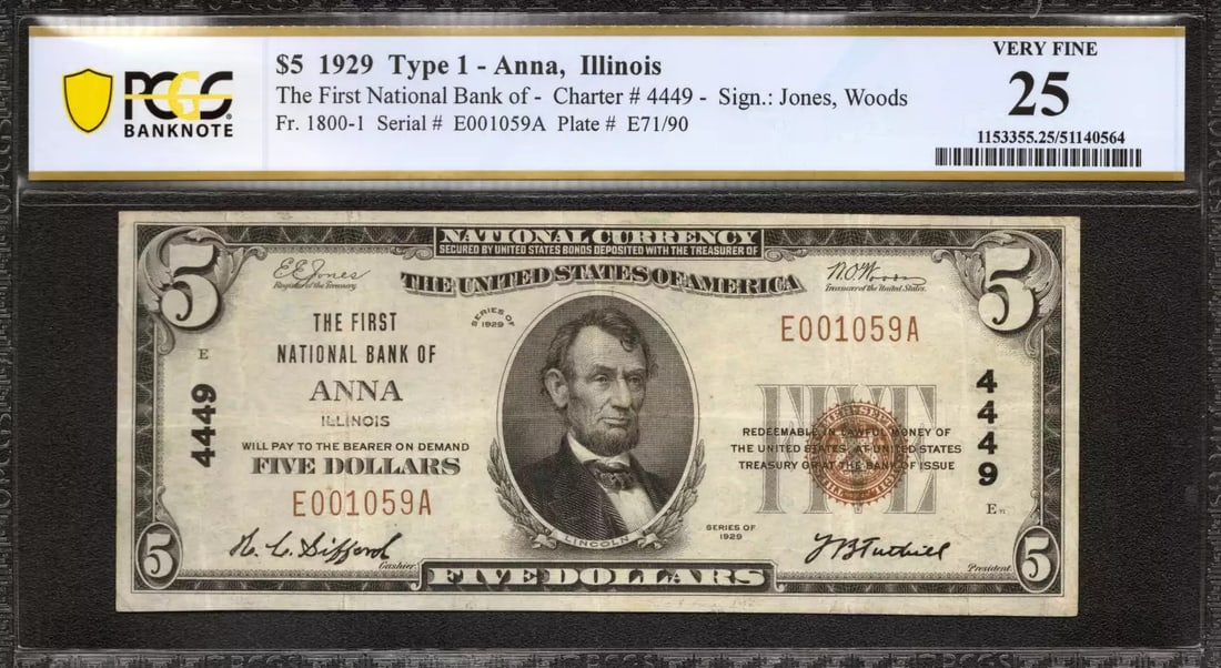 1929 $5 FIRST NATIONAL BANKNOTE CURRENCY ANNA ILLINOIS TYPE 1 PCGS 25 VF (059A): 1929 $5 FIRST NATIONAL BANKNOTE CURRENCY ANNA ILLINOIS TYPE 1 PCGS 25 VF (059A) Item Specifics: Certification: PCGS Grade: 25 Series Year: 1929 Year: 1929 Circulated/Uncirculated: Circulated Country: 