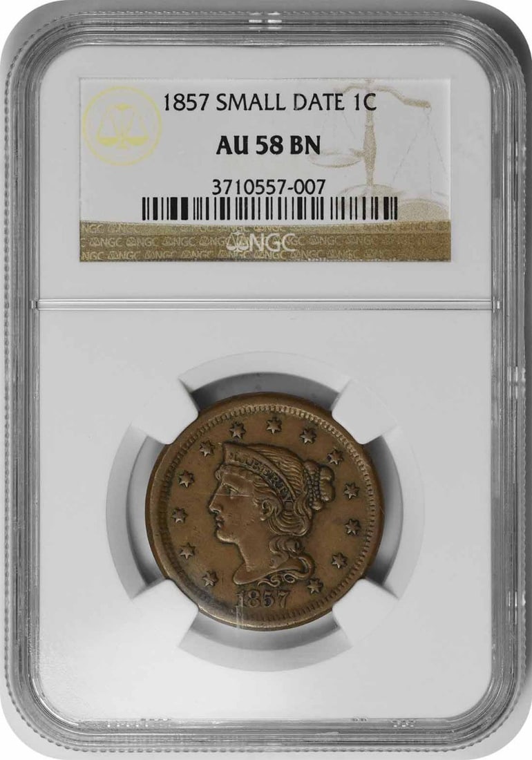 1857 Large Cent Small Date AU58BN NGC: 1857 Large Cent Small Date AU58BN NGC The 1857 Large Cent Small Date in AU58BN condition boasts an impressive grade, making it a standout among circulated coins. With its braided hair design and coppe
