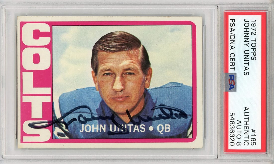 Johnny Unitas Autographed 1972 Topps Card (PSA): Johnny Unitas Autographed 1972 Topps Card (PSA) PSA-graded Johnny Unitas Autographed 1972 Topps Card, featuring a sharpie signature across the front in black ink. This card has been slabbed by Profess