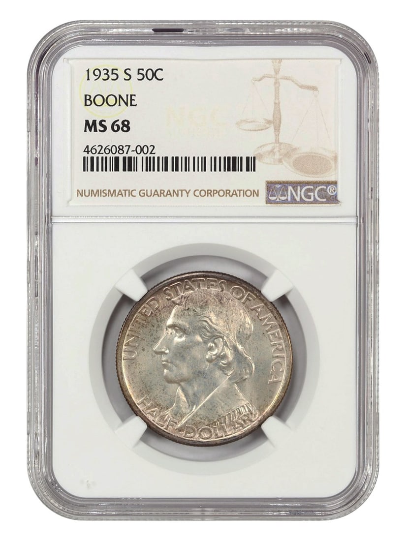 1935-S 50c Boone NGC MS68 - Classic Silver Commemorative - Low Mintage Issue: 1935-S 50c Boone NGC MS68 - Classic Silver Commemorative - Low Mintage Issue The 1935-S 50c Boone NGC MS68 is a rare and highly detailed example of the Classic Silver Commemorative series. With its hi