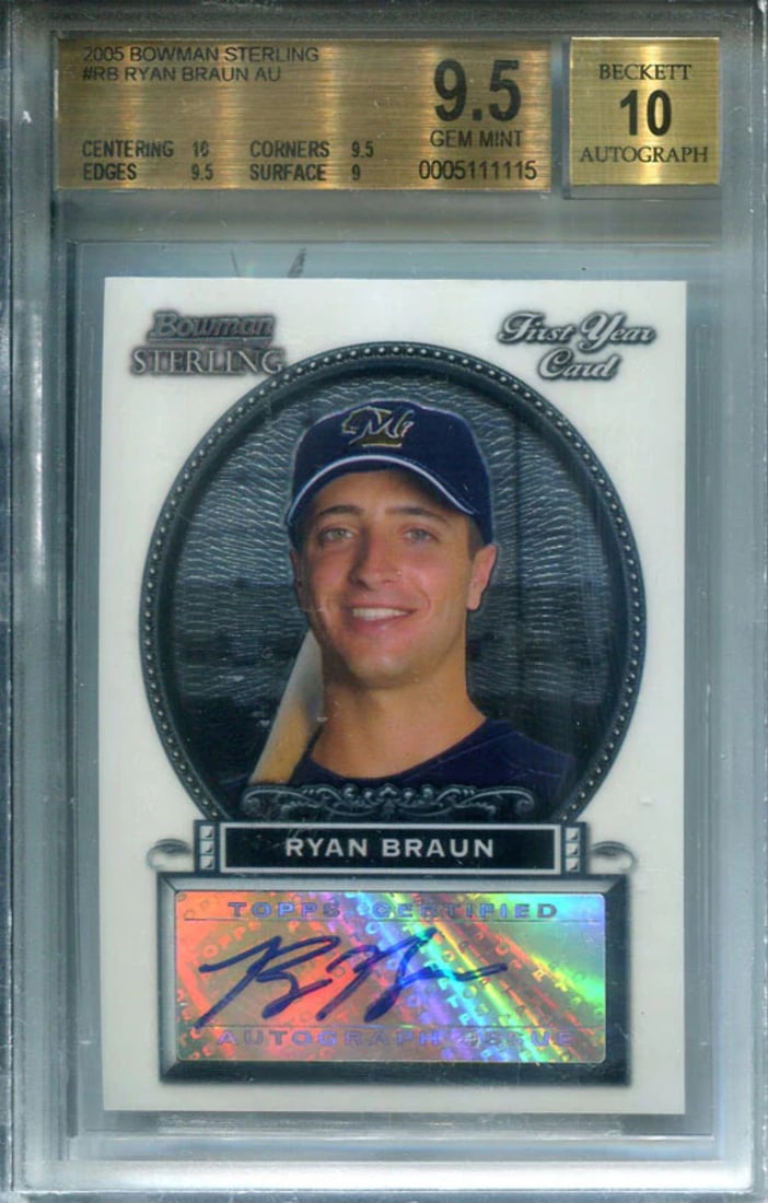 Ryan Braun Autographed 2005 Bowman Sterling Card: Ryan Braun Autographed 2005 Bowman Sterling Card Signed by Ryan Braun, the 2005 Bowman Sterling card showcases his rookie season in baseball. This autographed card bears the signature of a notable ath