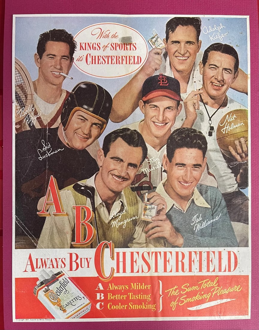 Chesterfield Cigarettes Advertising Sign Featuring Williams Musial Luckman (1 of 1)
