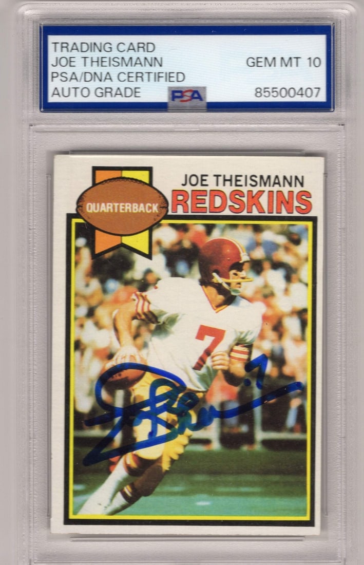 Joe Theismann Autographed 1979 Topps PSA Auto Grade 10 Card: Joe Theismann Autographed 1979 Topps PSA Auto Grade 10 Card Joe Theismann's 1979 Topps card features his autograph, graded by PSA as a 10, indicating exceptional condition and quality. This rare colle