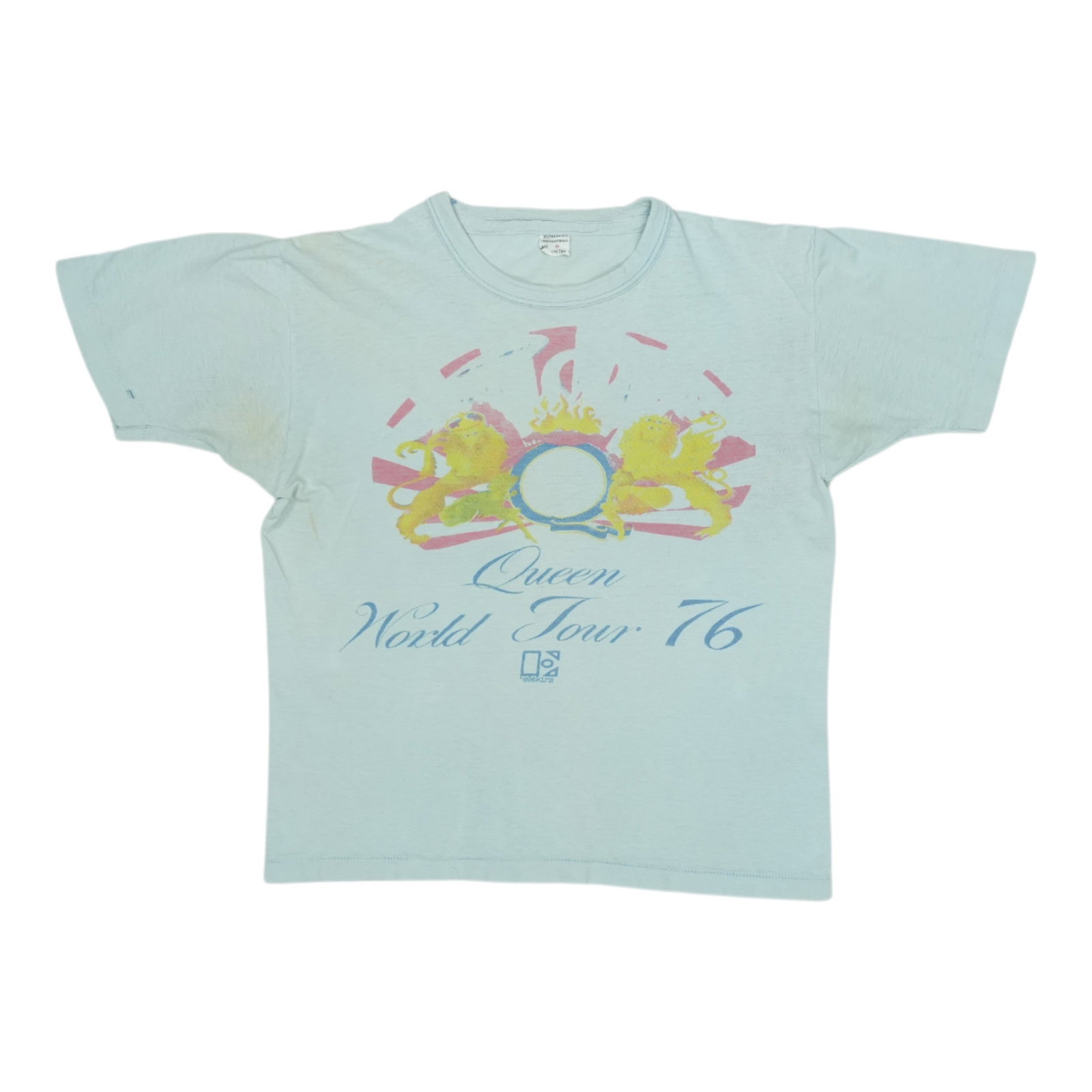 Queen World Tour 1976 Shirt: Queen World Tour 1976 Shirt Worn and faded, this vintage 1976 Queen World Tour shirt boasts bold front and back graphics. Made from 100% cotton, it features a medium fit with an 18-inch pit to pit