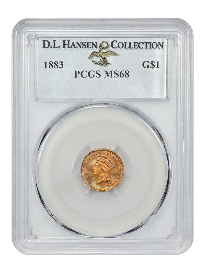 MS68 G$1 PCGS ex D.L. Hansen: MS68 G$1 PCGS ex D.L. Hansen The MS68 G$1 PCGS ex D.L. Hansen is an exceptional example of the Philadelphia Mint's 1883 Gold Dollar, boasting a stunning grade of 68 from the Professional Coin Grading 