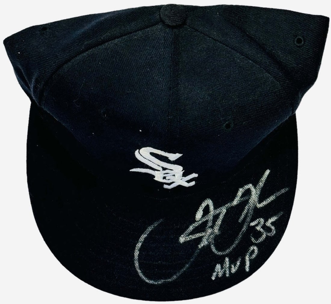 Frank Thomas Autographed Chicago White Sox Hat (JSA): Frank Thomas Autographed Chicago White Sox Hat (JSA) Authentic Frank Thomas Autographed Chicago White Sox Hat. The hat features a silver sharpie inscription from the legendary slugger, "MVP", on the t