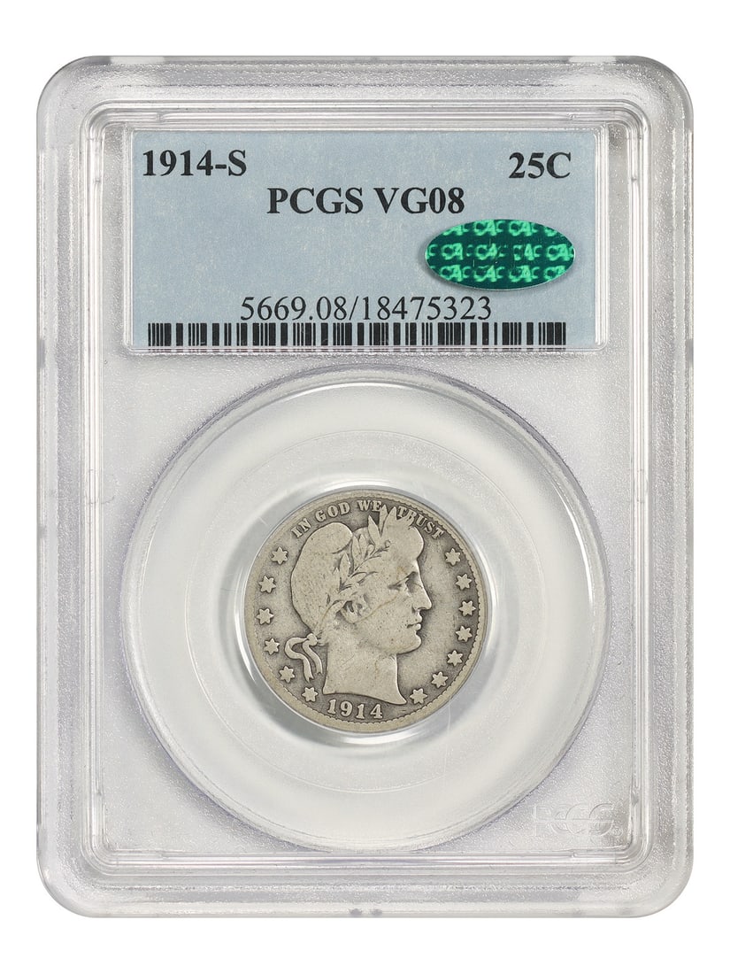 1914-S 25C PCGS/ CAC VG08 - Barber Quarter - Scarce Date: 1914-S 25C PCGS/ CAC VG08 - Barber Quarter - Scarce Date 1914-S Barber Quarter with Scarce Date. This circulated 25C coin from the San Francisco Mint features a scarce date, making it a notable find f