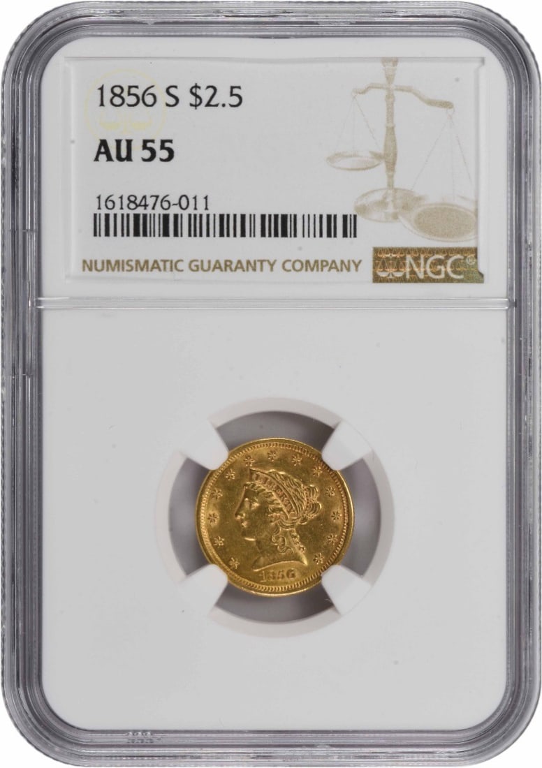 $2.50 AU55 Gold Liberty Head 1856-S: $2.50 AU55 Gold Liberty Head 1856-S The AU55 Gold Liberty Head 1856-S features a striking design by Christian Gobrecht, with its 18.00 millimeter diameter and reeded edge. This circulated coin showcas