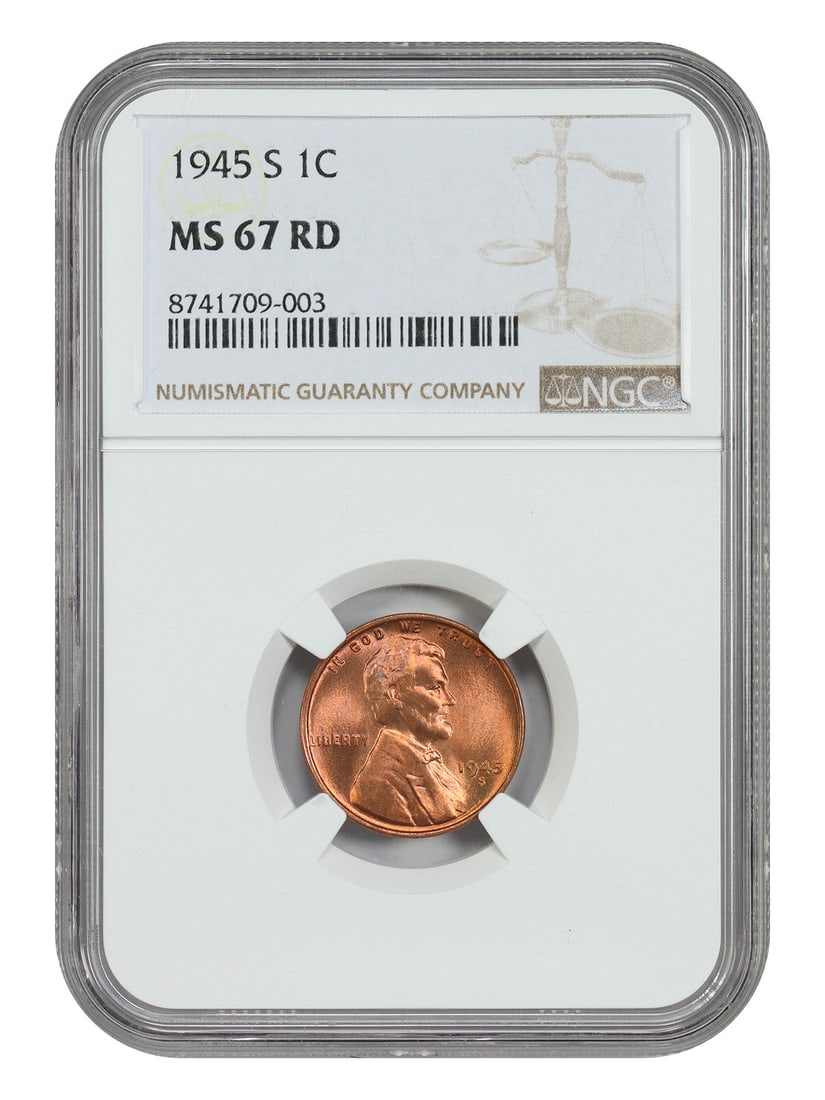Lincoln Cent 1945-S 1C Wheat Reverse NGC MS67RD: Lincoln Cent 1945-S 1C Wheat Reverse NGC MS67RD The Lincoln Cent 1945-S 1C Wheat Reverse NGC MS67RD features a striking reverse design, characteristic of the San Francisco Mint's production. Certified