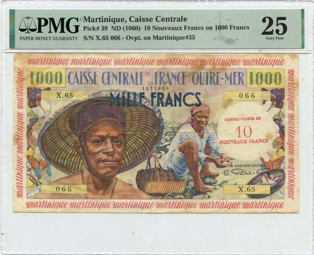 1960 Martinique 10 Nouveaux Francs on 1000 Francs Pick# 39 PMG VF25: 1960 Martinique 10 Nouveaux Francs on 1000 Francs Pick# 39 PMG VF25 The 1960 Martinique 10 Nouveaux Francs on 1000 Francs Pick# 39 features a unique design and historical significance, making it a not