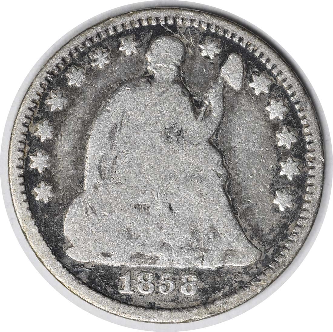 Half dime 1858 liberty seated with inverted date fs 302 g: Half dime 1858 liberty seated with inverted date fs 302 g The 1858 Half Dime features a classic Liberty Seated design, with the distinctive seated figure and classic details. This circulated coin bear