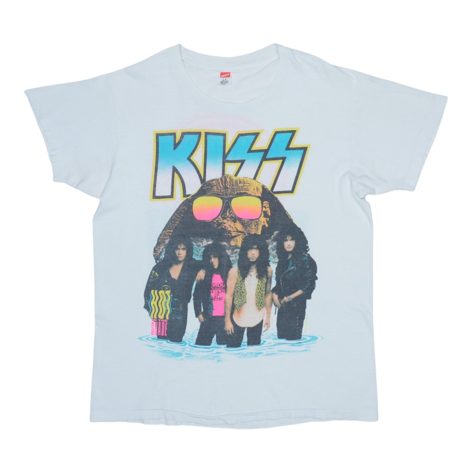 Kiss Hot In Shade Tour Shirt: Kiss Hot In Shade Tour Shirt Large, white 100% cotton Kiss Hot In The Shade Tour Shirt with front and back graphics. This vintage tour shirt features a 21" pit to pit length and a 27" collar to hem me