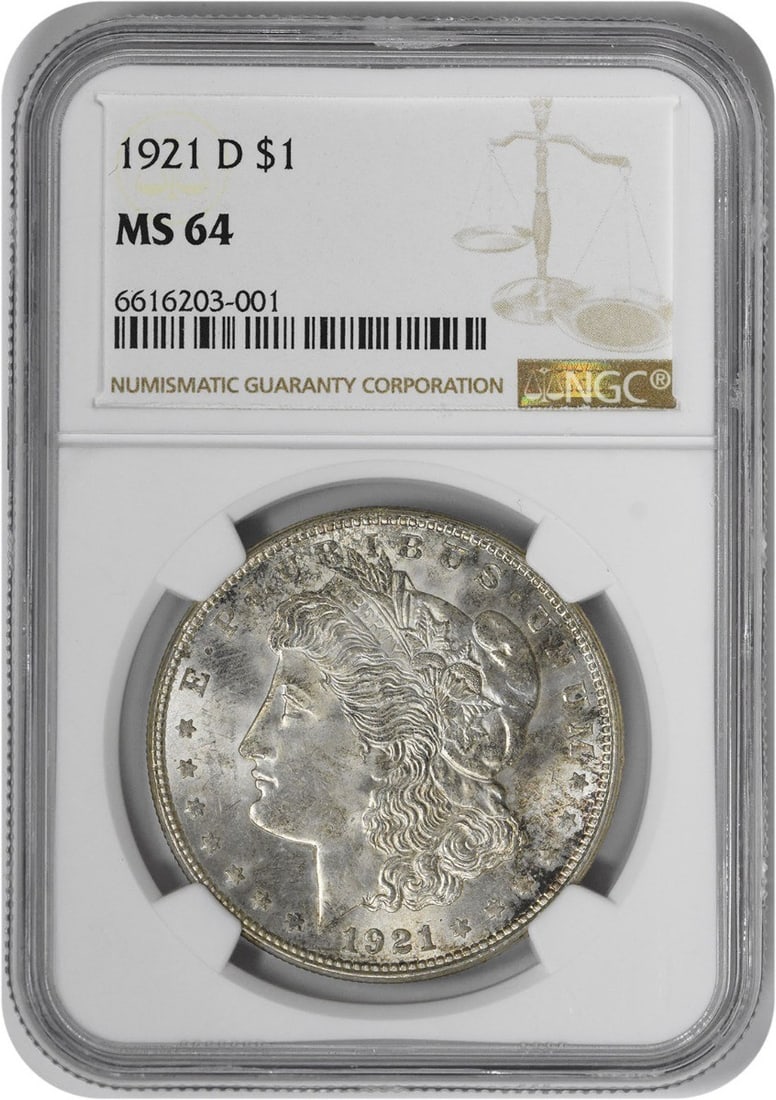 1921-D Morgan Silver Dollar MS64 NGC: 1921-D Morgan Silver Dollar MS64 NGC The 1921-D Morgan Silver Dollar MS64 NGC boasts exceptional condition, with its high grade indicating minimal wear and tear. This stunning coin features a reeded e
