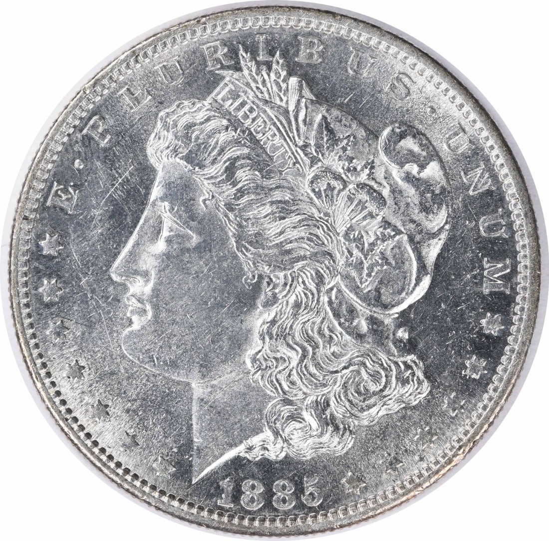 Uncertified AU Silver Dollar Morgan 1885 Slider: Uncertified AU Silver Dollar Morgan 1885 Slider The 1885 AU Silver Dollar Morgan slider features a striking design by George T. Morgan, with its reeded edge and San Francisco mint mark. Made from 90% 