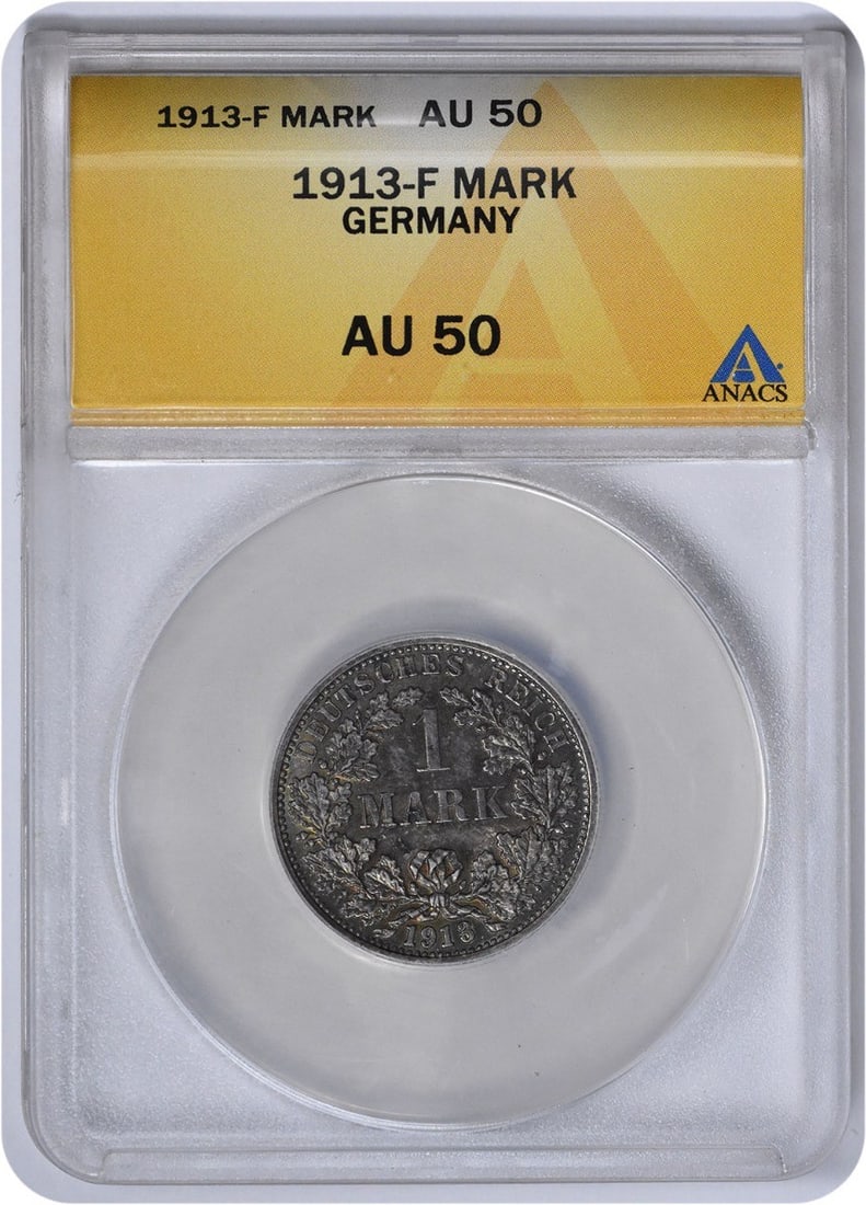 1913-F Germany 1 Mark KM14 AU50 ANACS: 1913-F Germany 1 Mark KM14 AU50 ANACS 1913-F Germany 1 Mark KM14 AU50 ANACS certified coin features the distinctive design of the German Empire, with its silver composition and circulated condition