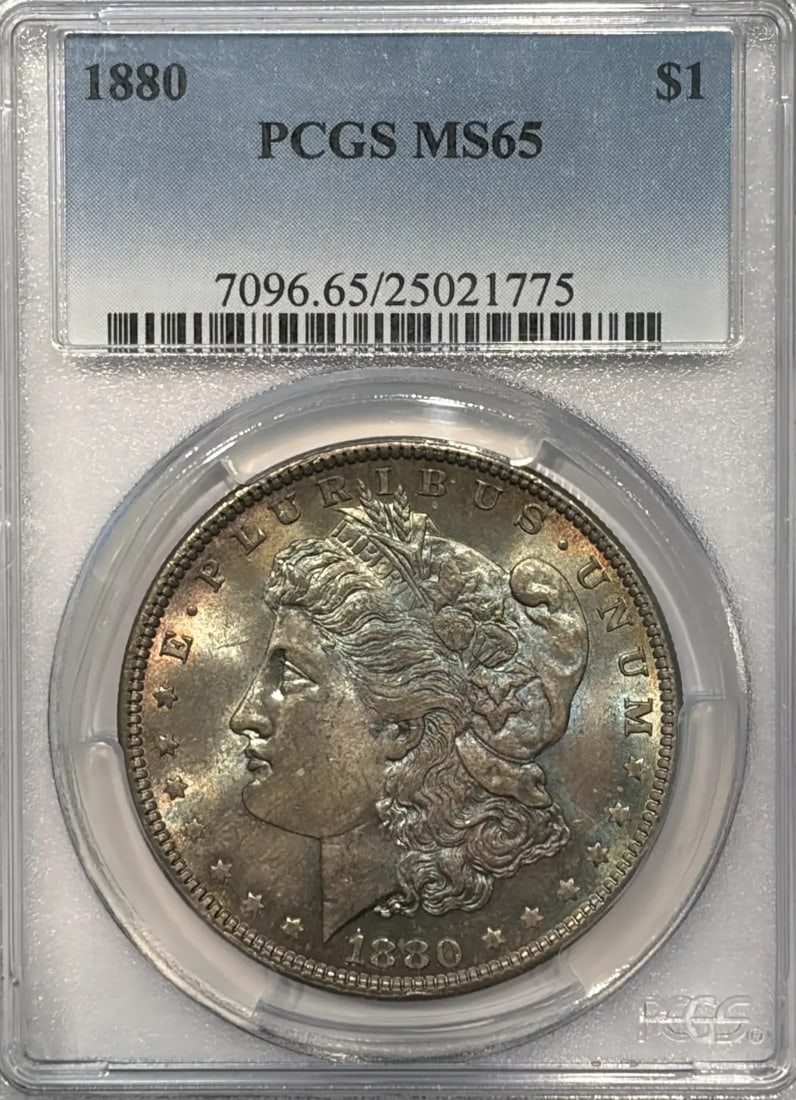 MORGAN DOLLAR PCGS MS65 RAINBOW TONING: MORGAN DOLLAR PCGS MS65 RAINBOW TONING The Morgan Dollar, graded MS65 by PCGS, boasts striking rainbow toning on its uncirculated surface. Certified by the Philadelphia Mint, this 1880 dollar
