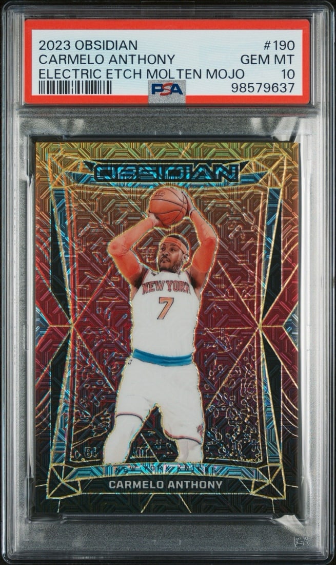 2023 OBSIDIAN CARMELO ANTHONY #190 ELECTRIC ETCH MOLTEN MOJO 1/ 10 PSA 10: 2023 OBSIDIAN CARMELO ANTHONY #190 ELECTRIC ETCH MOLTEN MOJO 1/ 10 PSA 10 The 2023 Obsidian Carmelo Anthony #190 Electric Etch Molten Mojo card features Carmelo Anthony's signature, graded by Professi