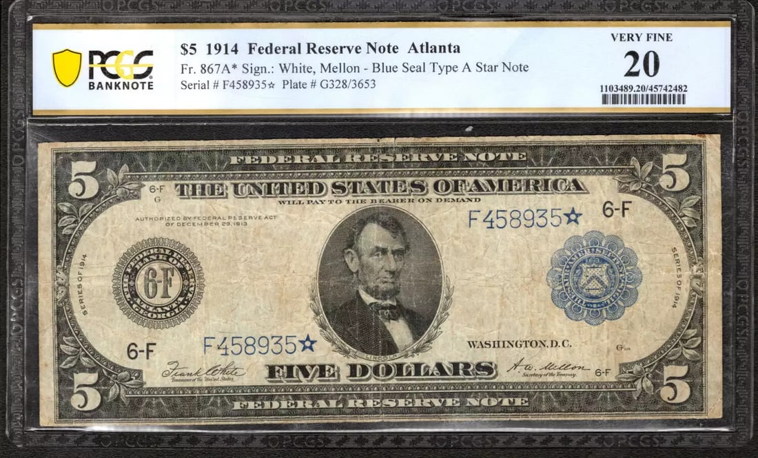 1914 $5 FEDERAL RESERVE STAR NOTE FR.867a* ATLANTA PCGS VF 20 VERY FINE (935*): 1914 $5 FEDERAL RESERVE STAR NOTE FR.867a* ATLANTA PCGS VF 20 VERY FINE (935*) The 1914 $5 Federal Reserve Star Note, graded PCGS VF 20, bears the serial number F458935*. This circulated note features