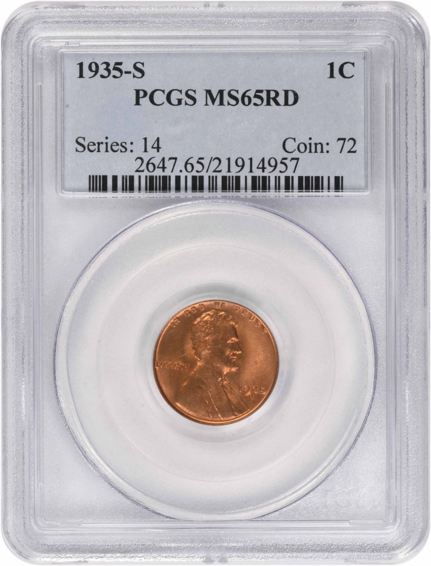 1935-S Lincoln Cent MS65RD PCGS: 1935-S Lincoln Cent MS65RD PCGS The 1935-S Lincoln Cent MS65RD PCGS is a highly graded circulated coin with a rich history, bearing the signature of its creator. Certified by PCGS as an Uncirculated K