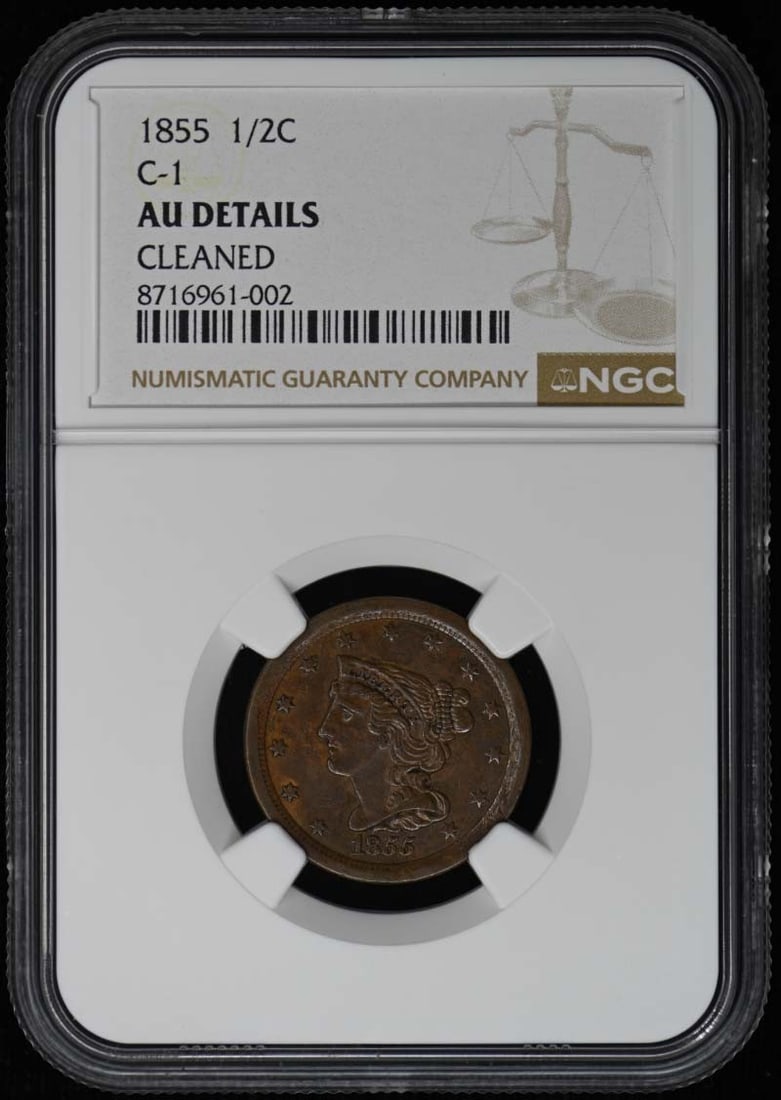 1855 Coronet, Braided Hair Half Cent C-1 1/ 2C NGC AU DetailsBN: 1855 Coronet, Braided Hair Half Cent C-1 1/ 2C NGC AU DetailsBN 1855 Coronet, Braided Hair Half Cent C-1 1/2C NGC AU DetailsBN - A rare and highly detailed example of the Braided Hair Half Cent, featu
