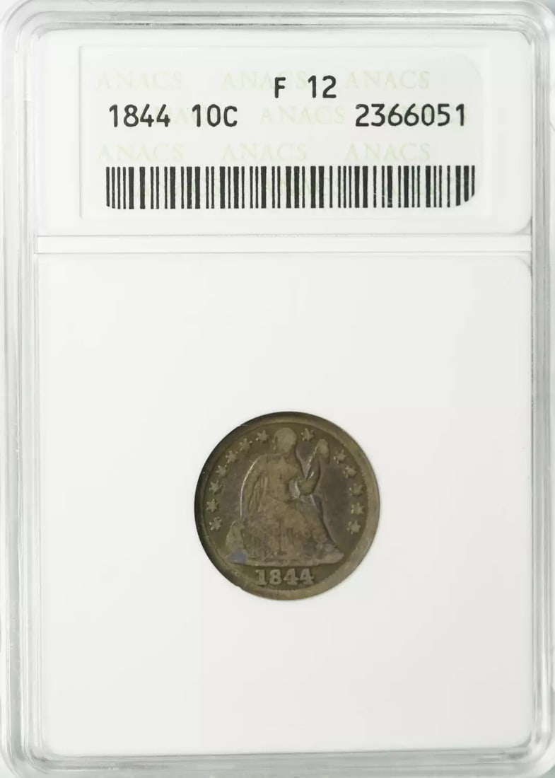 1844 SEATED LIBERTY DIME 10C ANACS CERTIFIED F 12 FINE (051): 1844 SEATED LIBERTY DIME 10C ANACS CERTIFIED F 12 FINE (051) This 1844 SEATED LIBERTY DIME, certified F 12 by ANACS, showcases the iconic design of Lady Liberty on its obverse and a shield with thirte