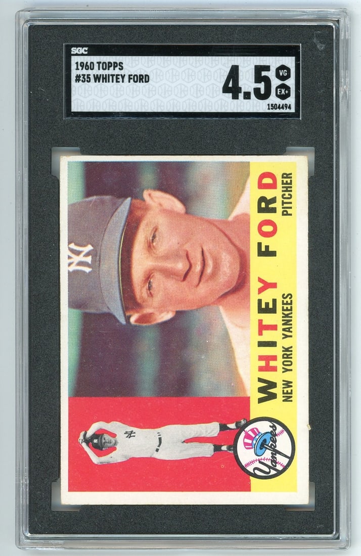 Whitey Ford 1960 Topps Card #35 SGC 4.5: Whitey Ford 1960 Topps Card #35 SGC 4.5 Whitey Ford, the legendary New York Yankees pitcher, is captured in this 1960 Topps card, graded SGC 4.5 by PSA/DNA. As one of the most iconic players of his er