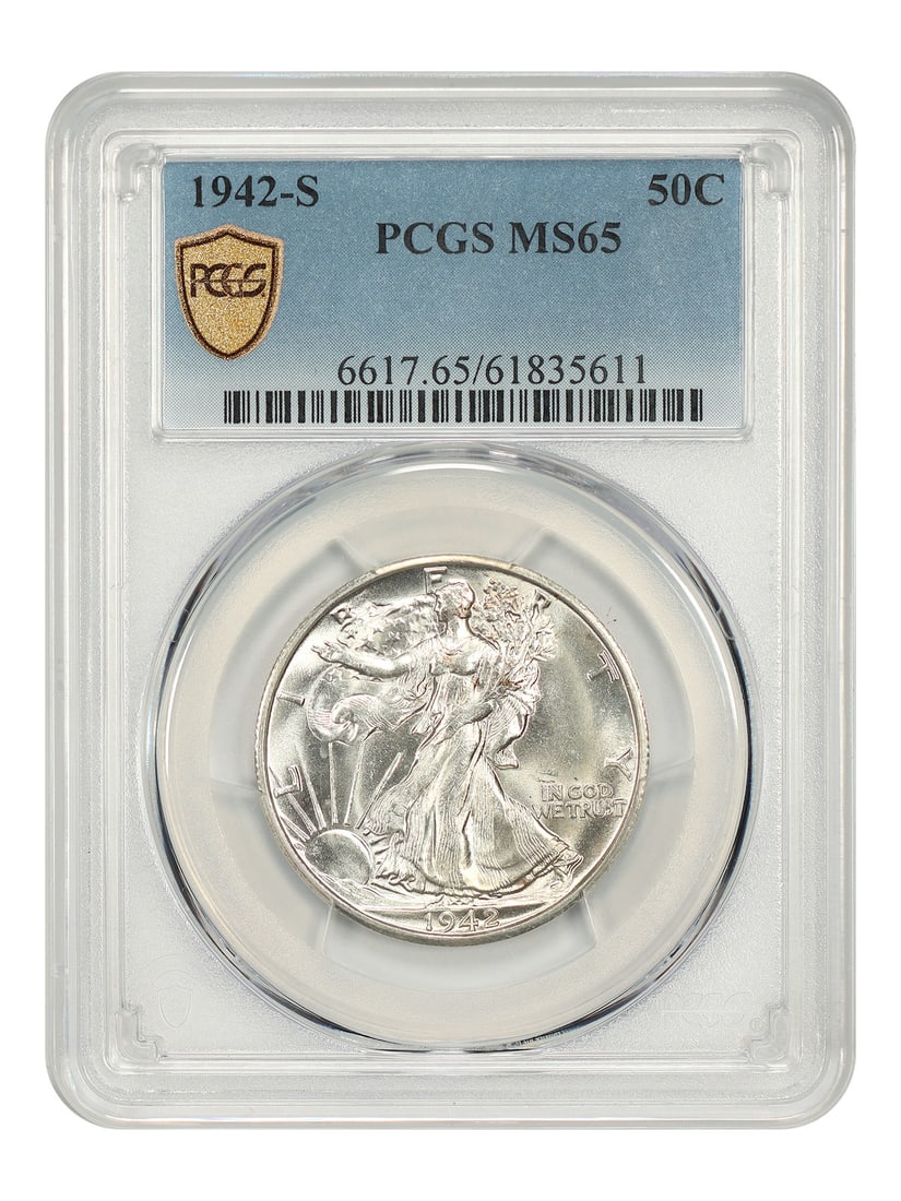 1942-S 50C PCGS MS65 - Walking Liberty Half Dollar: 1942-S 50C PCGS MS65 - Walking Liberty Half Dollar The 1942-S Walking Liberty Half Dollar boasts a stunning MS65 grade, showcasing exceptional luster and minimal imperfections. Certified by PCGS, this