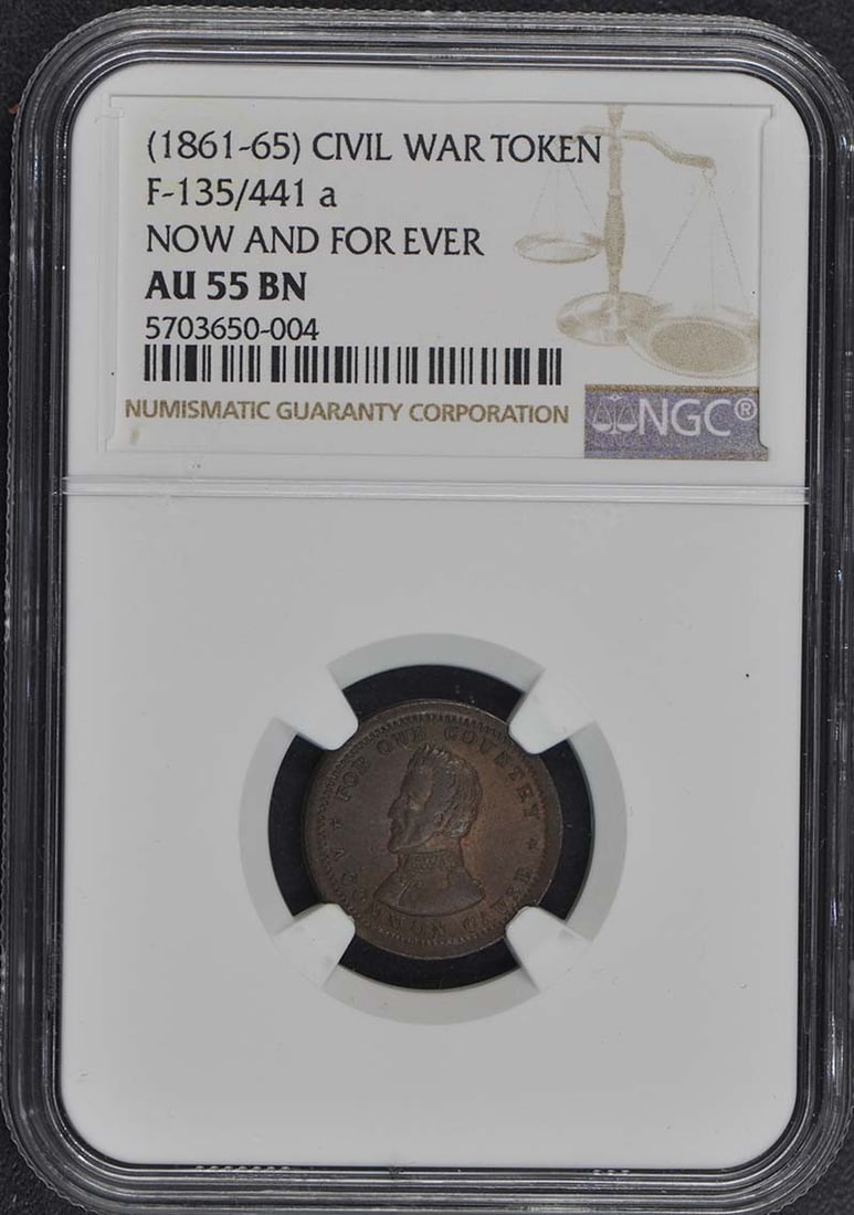 CIVIL WAR Token F-135/ 441 NGC AU55BN: CIVIL WAR Token F-135/ 441 NGC AU55BN The F-135/441 Civil War token is a circulated example, graded AU55 by the NGC, with a certification number of 5703650004. Issued in 1861, this token bears the mar