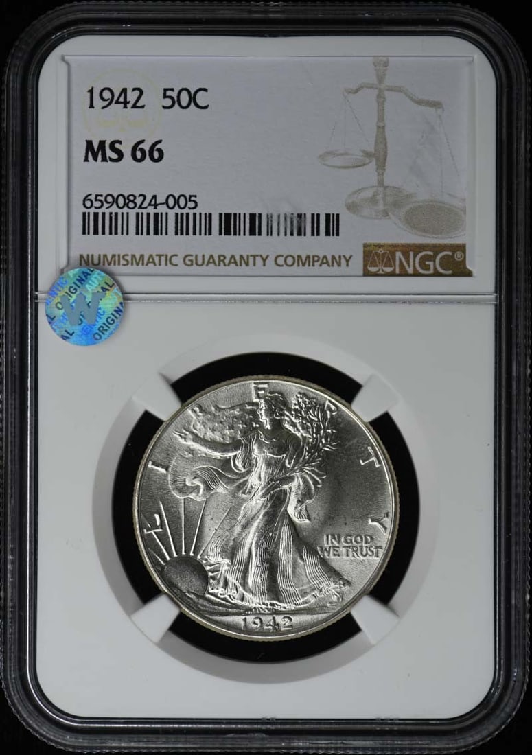 1942 Walking Liberty Half Dollar 50C NGC MS66: 1942 Walking Liberty Half Dollar 50C NGC MS66 The 1942 Walking Liberty Half Dollar boasts an MS66 grade, indicating exceptional condition and detail preservation. Certified by the Numismatic Guaranty 