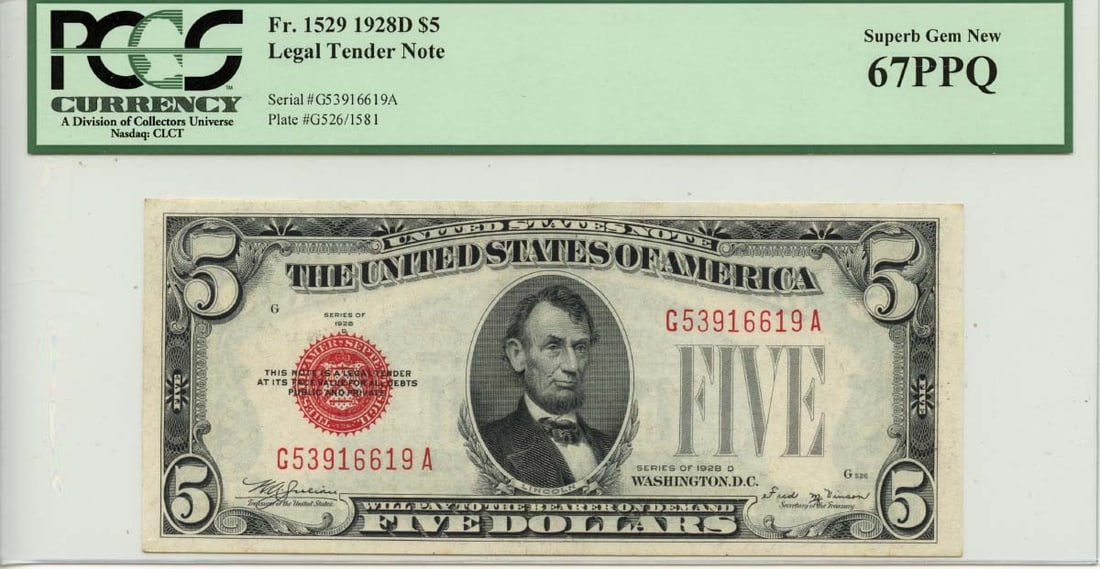 1928D $5 Legal Tender Note Red Fr# 1529 PCGS Superb Gem 67 PPQ: 1928D $5 Legal Tender Note Red Fr# 1529 PCGS Superb Gem 67 PPQ The 1928D $5 Legal Tender Note Red Fr# 1529 PCGS Superb Gem 67 PPQ boasts exceptional condition, with a stunning MS67 grade and pristine 