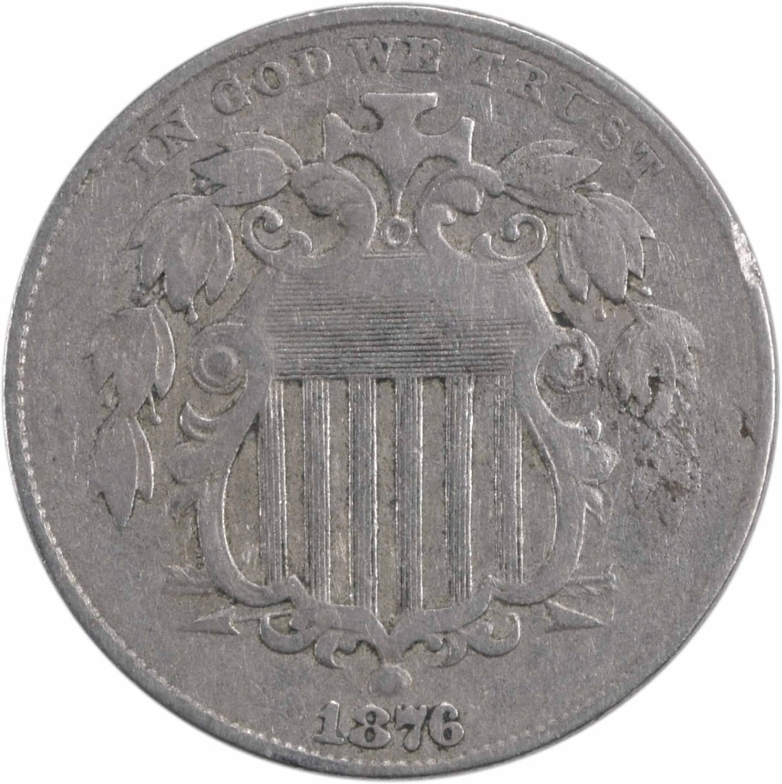 1876 Shield Nickel Choice VF Uncertified: 1876 Shield Nickel Choice VF Uncertified The 1876 Shield Nickel is a notable coin from the Philadelphia mint, featuring James Barton Longacre's design. With its striking copper and nickel composition,