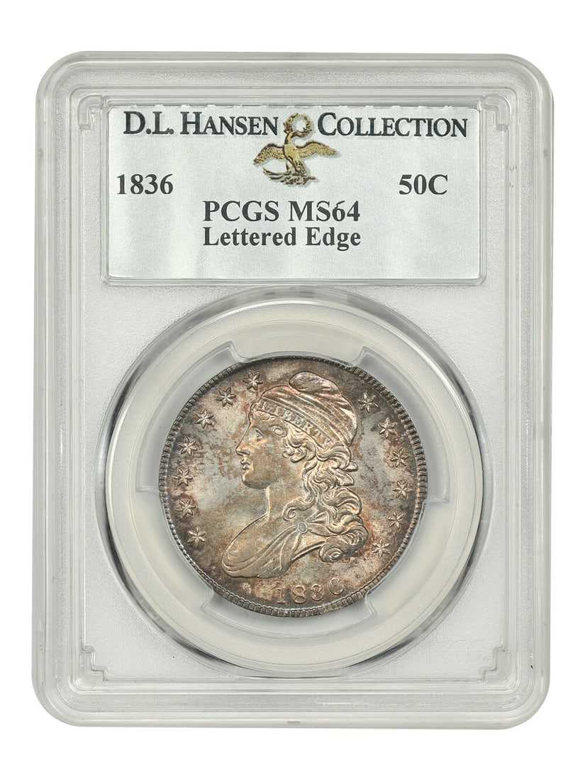 PCGS MS64 (Lettered Edge) 1836 50C ex D.L. Hansen: PCGS MS64 (Lettered Edge) 1836 50C ex D.L. Hansen PCGS MS64 (Lettered Edge) 1836 50C ex D.L. Hansen bears the distinctive mark of PCGS certification, verifying its high-grade condition and mint state 